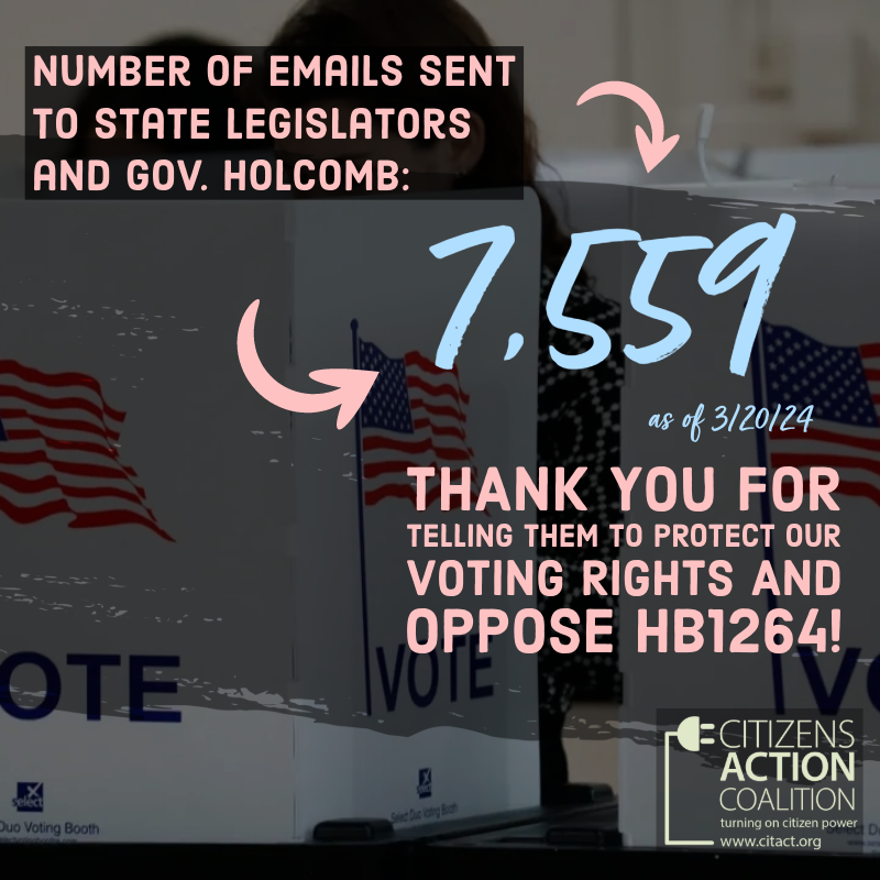 7,559 emails were sent to Gov. Holcomb and Indiana state legislators telling them to support voting rights and oppose HB1264.
